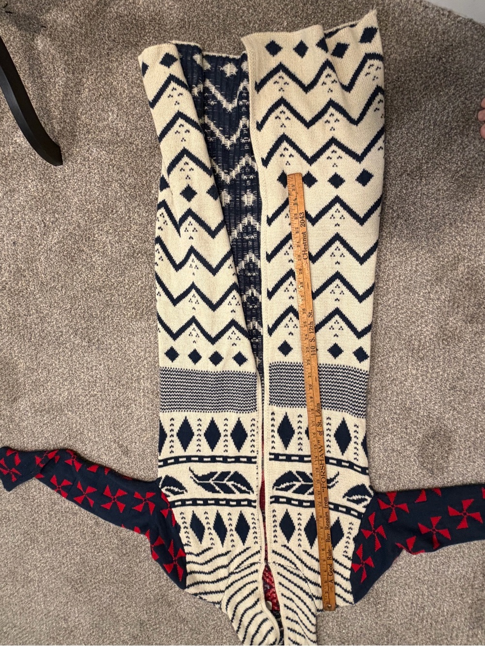 Hooded Knit Long Cardigan - Cream, Navy & Red - Picture 4 of 4